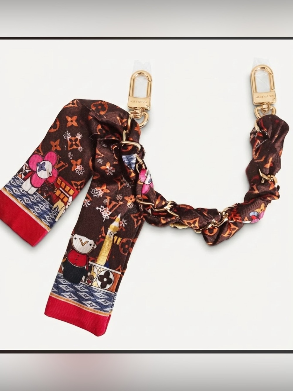 New ! Brown Silk Chain-Trimmed Printed Shoulder Strap with Pink Accents